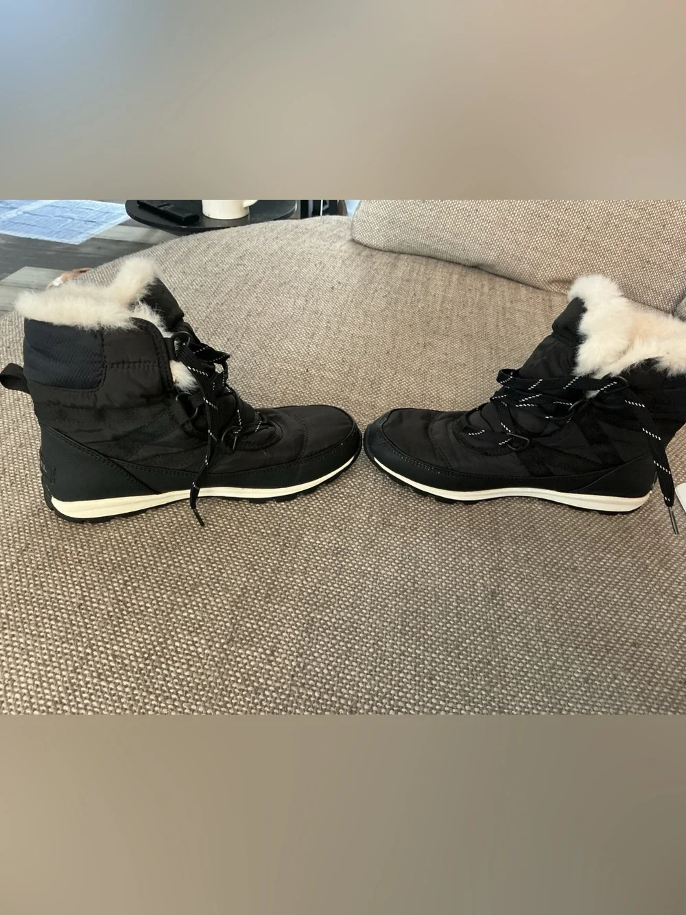 Sorel Black Winter Lace-Up Boots with White Faux-Fur Collar